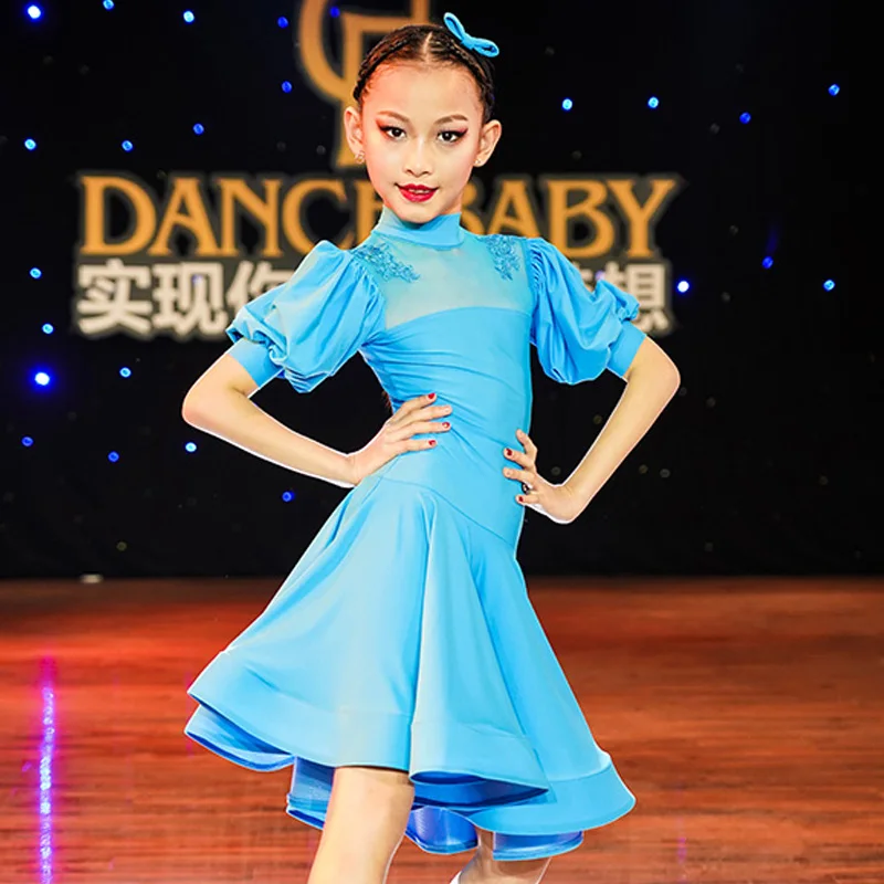 New Girls Latin Dance Dress Short Puff Sleeve Blue/Black Stage Performance Clothes Ballroom Dance Competition Dresses DWY5454