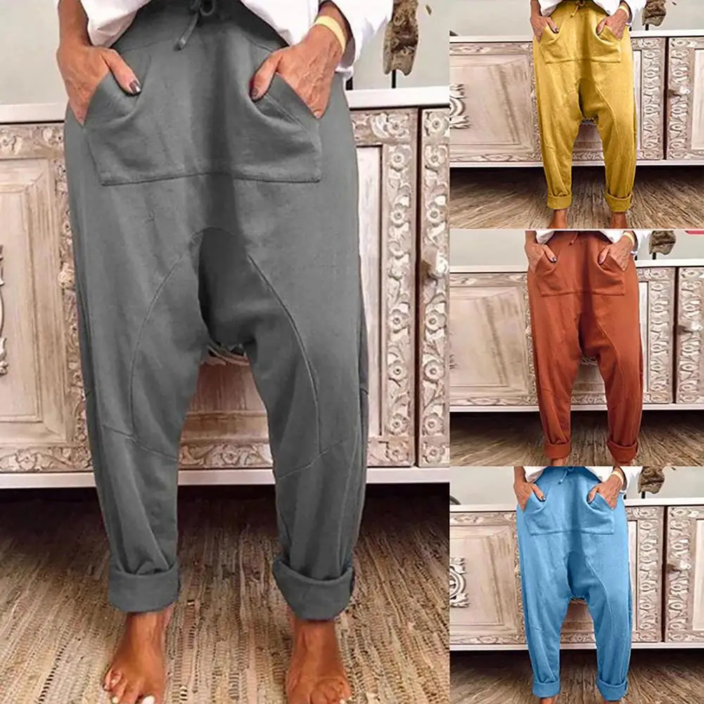 ¡Gran oferta! Pantalones bombachos para mujer, pantalón holgado con Bolsillos y cordón en la entrepierna, Color sólido, Primavera