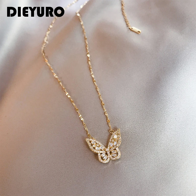 DIEYURO 316L Stainless Steel Exquisite Gorgeous Butterfly Clavicle Chain Shining Zircon Wedding Jewelry Accessories Anniversary