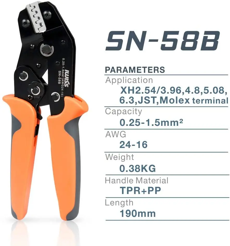 IWISS SN-58B EDM crimping plier 0.25-1.5mm²AWG24-16 for XH2.54,3.96,4.8,5.08,6.3,JST,Molex terminal 1550pcs Dupont connector kit