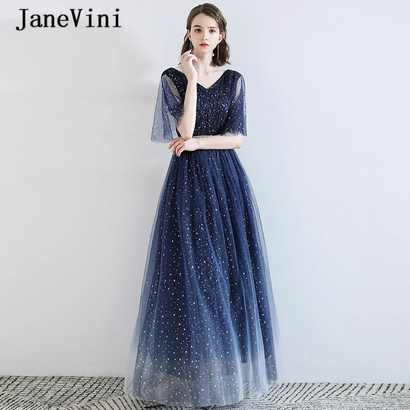 

JaneVini Elegant Navy Blue Long Prom Dresses Plus Size 2020 V Neck Half Sleeve Star Pattern Tulle Formal Prom Gowns Floor Length