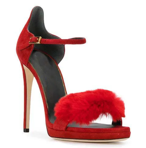 

Chic One Strap Soft Fur Embellish High Heel Sandals Gladiator Peep Toe Stiletto Heel Sandals Female Summer Banquet Shoes