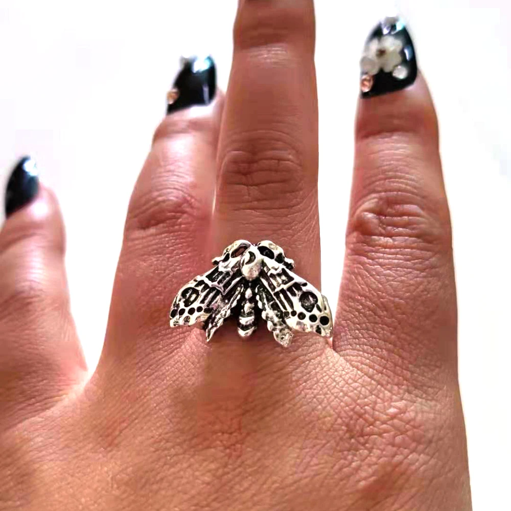 Hzew 1pcs Death's Head Skull Moth Butterfly Ring Adjustable Rings Christmas Gift