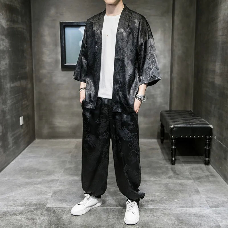 Men Satin Cardigan&Pants Dragon Print Two Piece Suit Casual Outerwear Male Japanese Kimono Jacket Pants Loose Streetwear M-5XL