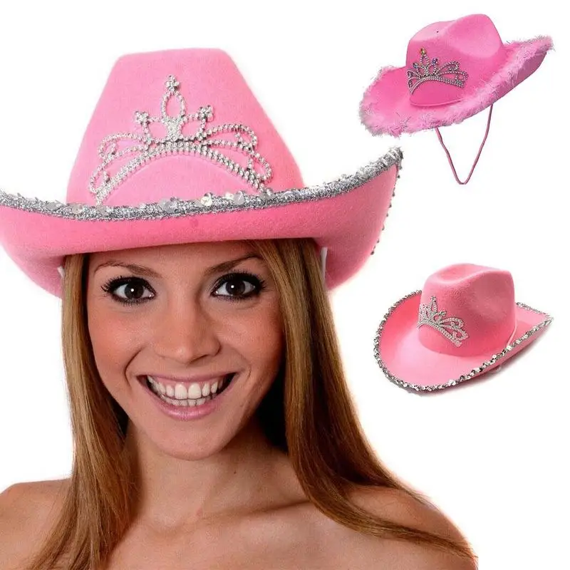 Rhinestone Crown Feather Panama Pink Cowboy Cowgirl Hat for Women Girls Chapeau Cowboy Hats Caps sombrero de vaquero mujer