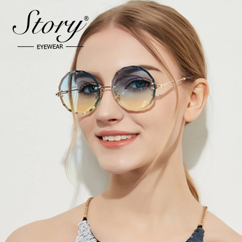 

STORY New Fashion Round Rimless Sunglasses Women Retro Metal Frame Crystal Sides Clear Glasses Fashion Oversized 2018 Shades