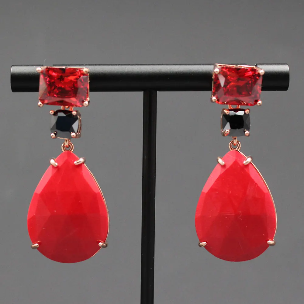 Red Jade Red Colorful Crystal Aventurine Rose Gold Color Bezel Set Real Stone Dangle Earrings For Women