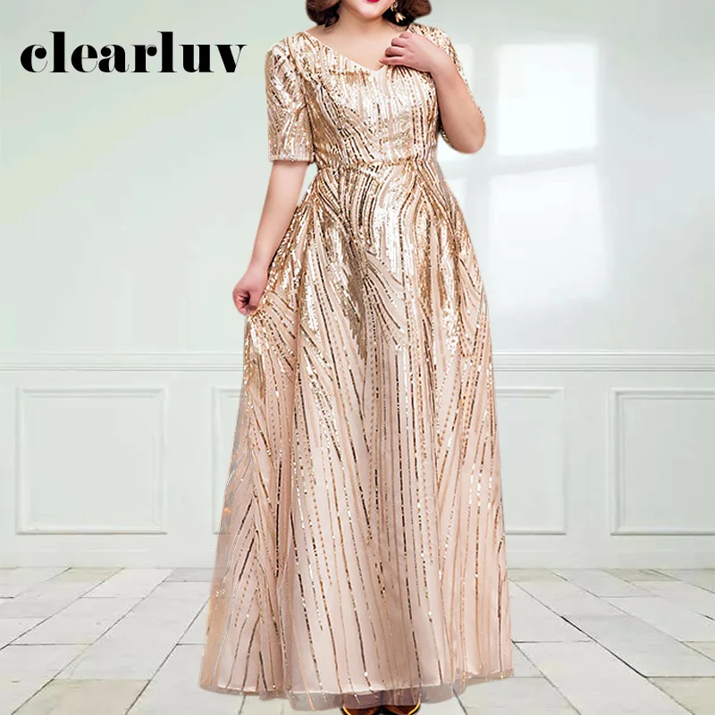 

Gold A-Line Robe De Soiree DR1040 Sparkling Sequin Evening Dress V-Neck Half Sleeve Women Party Dresses Plus Size Elegant Gowns