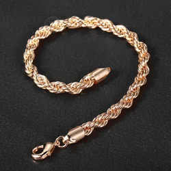 Womens Mens Bracelet 585 Rose Gold Color 5/6mm Twisted Rope Link Chain Bracelet for Women Men Wedding Neck-Jewelry LCB47A