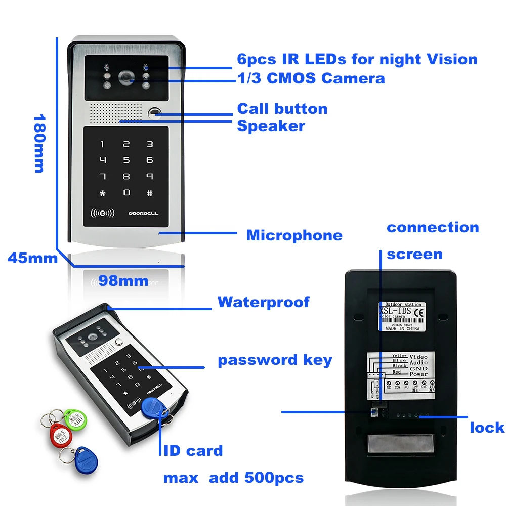 Videoportero con pantalla a Color de 7 pulgadas, Kit de intercomunicador con teclado de código RFID táctil para exteriores, timbre con número,