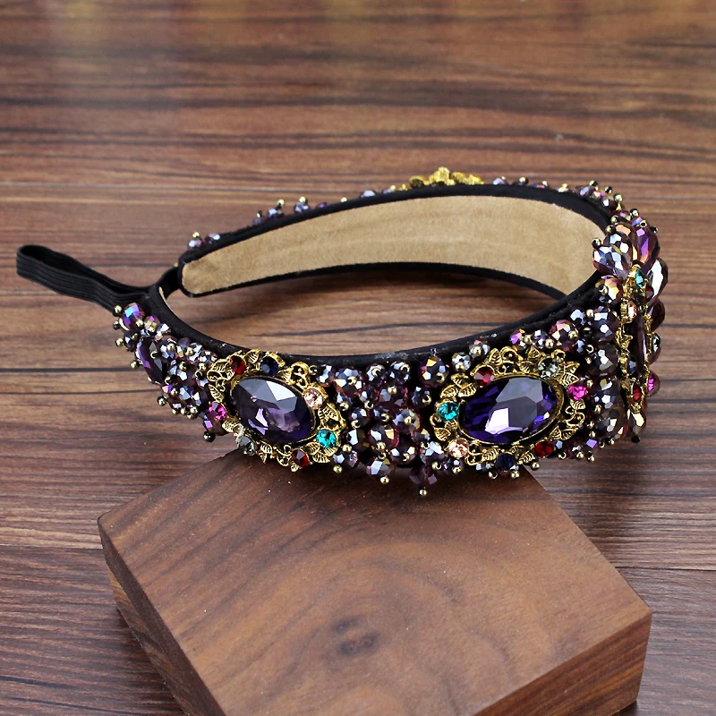 Wide Vintage Sparkly Purple Black Crystal Beaded Hairbands Flower Rhinestone Wedding Tiara Headbands For Bride Hair Jewelry