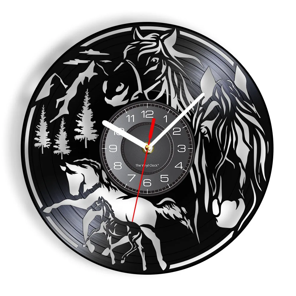 Wild Horses Animals Vinyl Record Wall Clock Equestrian Horseshoe Decor Equine Carved Album Art Wild Free Silent Quartz Clock