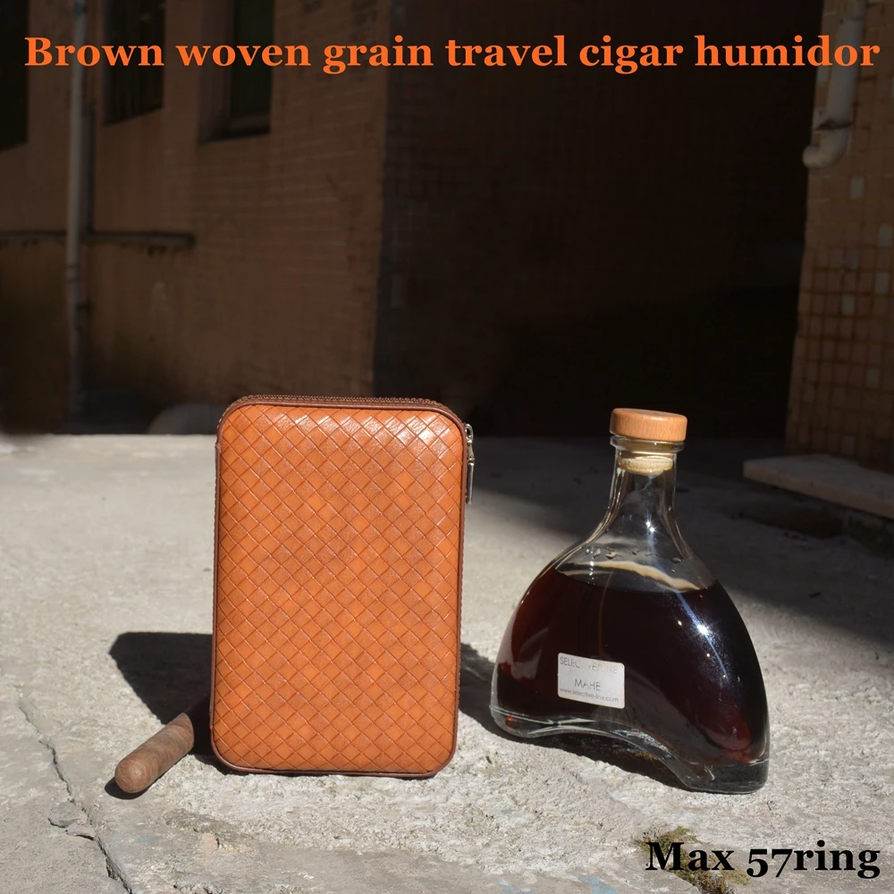 

100% Original Design Brown Woven Grain Travel Cigar Case Fit 4 Cigars Max 57 ring For Cigaraficionado