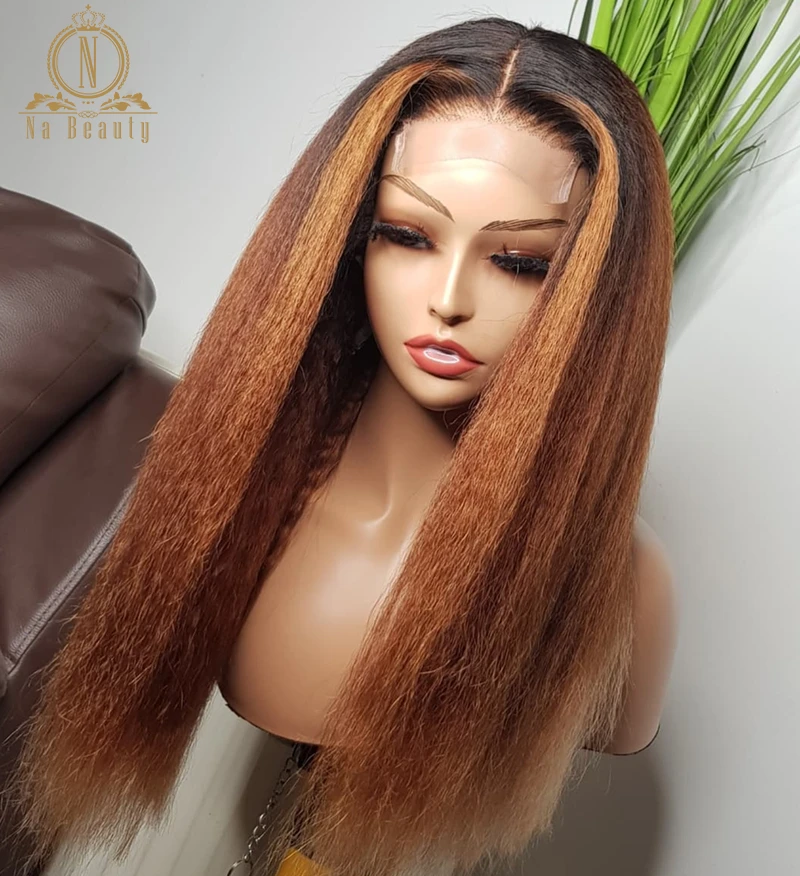 

Kinky Straight Human Hair Wigs Highlight Ombre Color 13x6 Lace Frontal Wig Preplucked For Black Women Nabeauty 180 Density