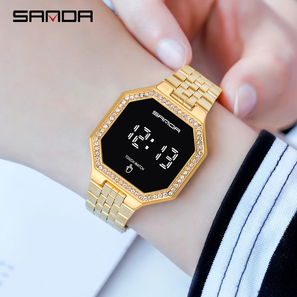 Reloj deportivo Digital para mujer, pulsera de acero inoxidable con pantalla táctil, esfera pequeña, resistente al agua