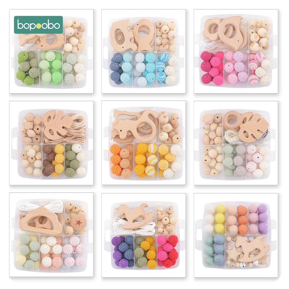 Bopoobo 1set Baby Rattle DIY Jewelry Set Crochet Beads Baby Blending Natural Wooden Beads Silicone Round Geometry Wooden Teether