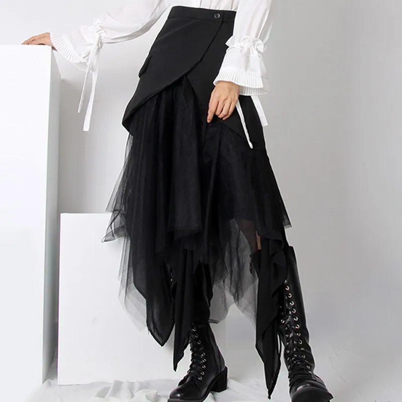 TWOTWINSTYLE Asymmetrical Patchwork Mesh Skirt For Women High Waist Plus Sizes Skirts Female Fashion Clothes 2022 Spring New