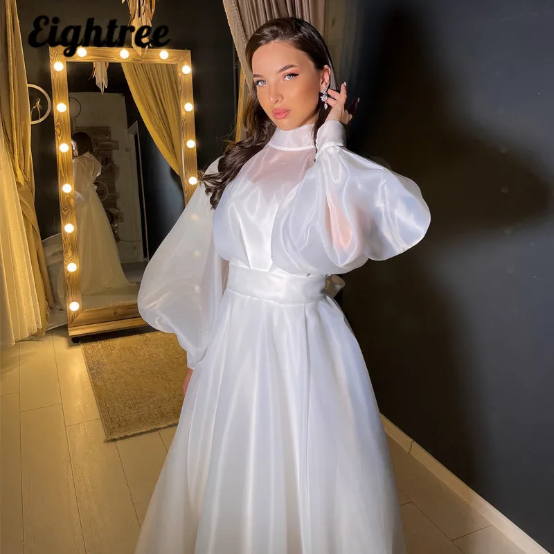 Eightree vestidos de casamento sexy 2022 puff manga alta pescoço vestido de noiva organza a linha até o chão casamento vestido de noite plus size