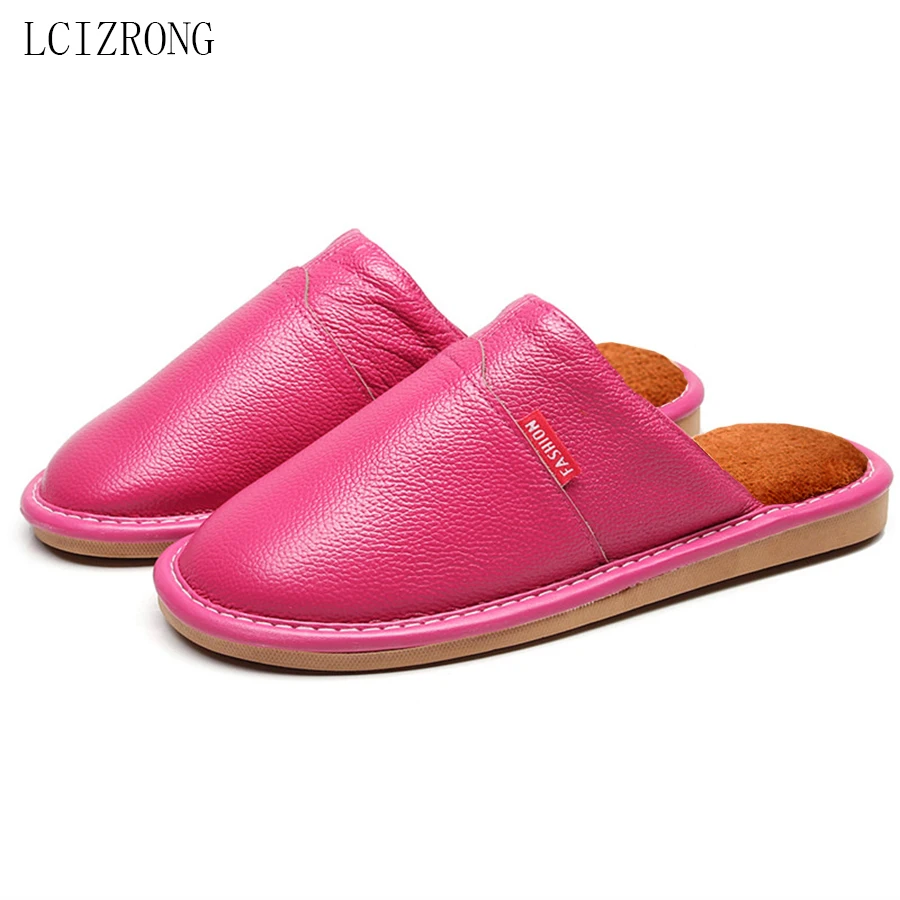 LCIZRONG Home Slippers for Women Plush Warm Woman/Men Sewing Genuine Leather Unisex Waterproof House Slippers Big Size 35-44