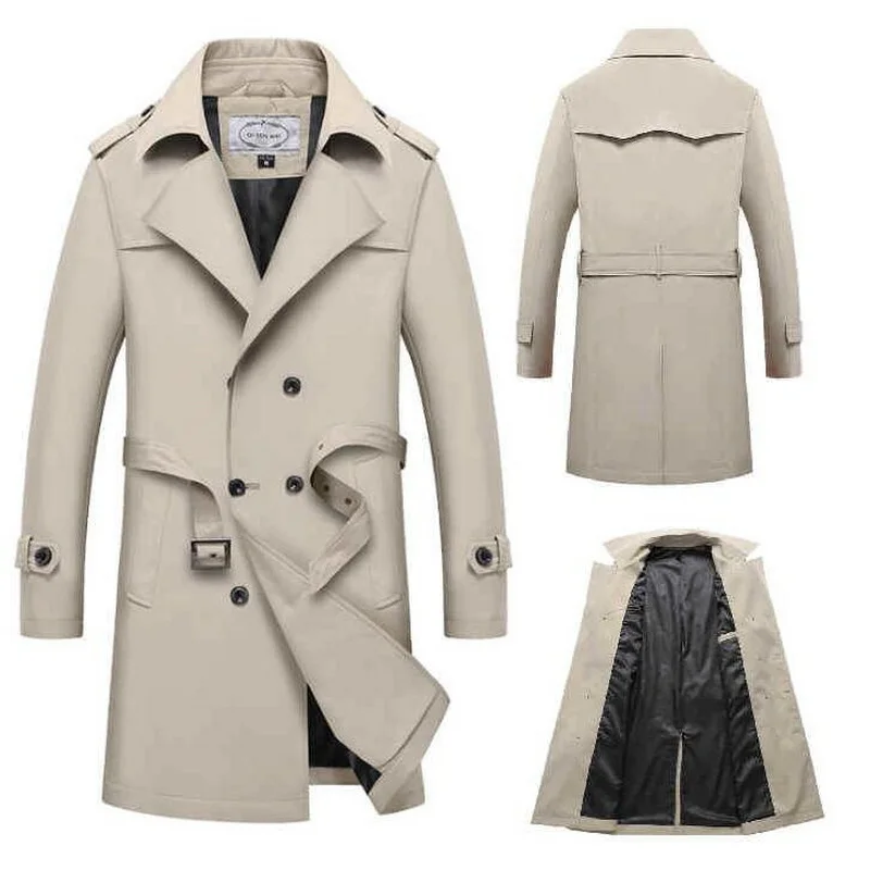 Mens X-Long Trench Jacket Male Business Casual Trenchcoat  British Trench Men Slim Double Breasted Jacket