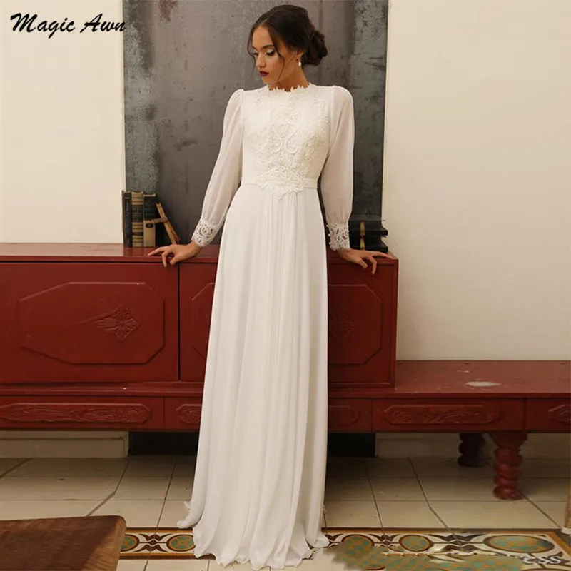 Magia awn graciosa mangas compridas chiffon vestidos de casamento boho rendas apliques o-pescoço praia vestidos de noiva personalizado robe de mariage