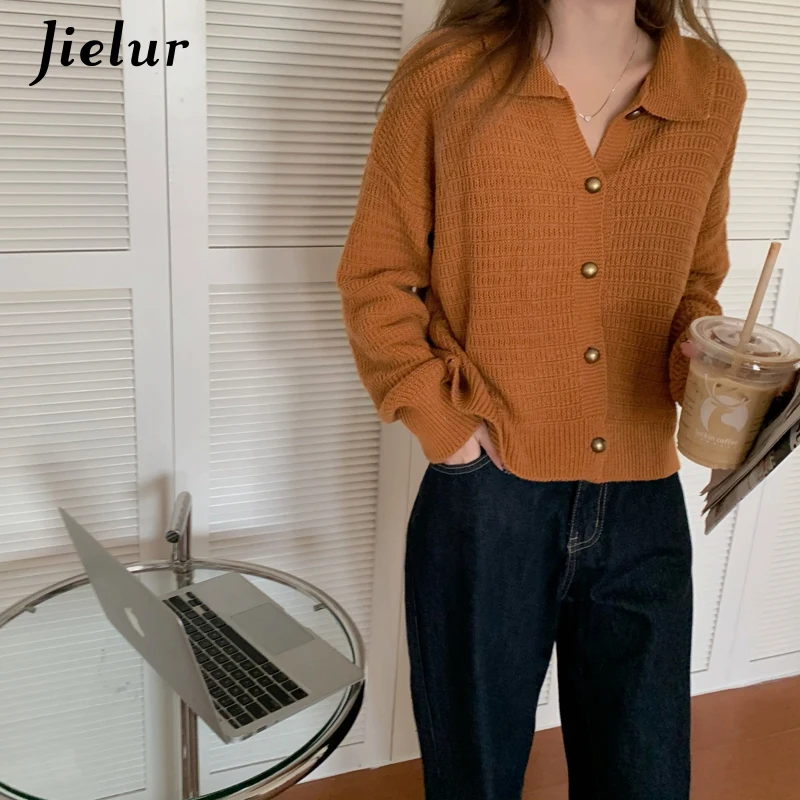 Jielur New Style Knitted Cardigan Female Loose Long Sleeve Women Sweater Jacket Single-breasted Navy Blue Apricot Sweaters