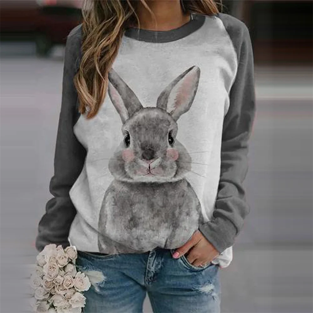 

2021 Autumn Women New O Neck Long Sleeve Tops Rabbit Animal Print Leisure Female T-Shirt 2021 Casual Harajuku Patchwork Pullover