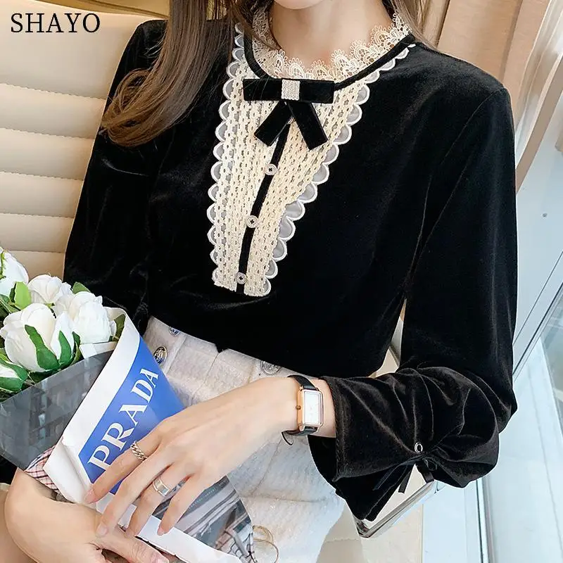 

2021 Spring Autumn Women Feminine Blouse Korean Chic Lace Collar Bow Black Velvet Ladies Shirt Elegant Long-Sleeved Sweet Blusas