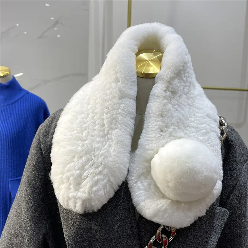 Real Rex Rabbit Fur Collar Scarf for Women Neck Shrug for Fall Winter Big Pompom Ball Scarves