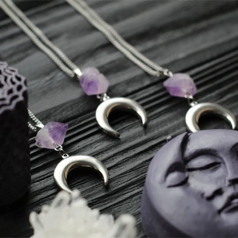 Goth Purple Crystal Moon Necklace Crescent Raw Witch Dark Style Jewelry Wizard Punk Charm Gothic Pendant Fashion Women Gifts