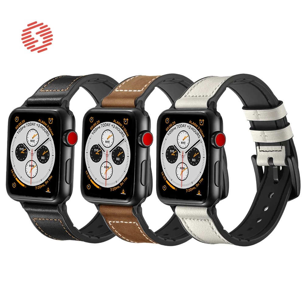 Shengone pulseira de couro e silicone macio para apple watch, da moda para apple watch séries 5 4 40 44mm, pulseira de substituição para relógio 3 2 1 38 42mm