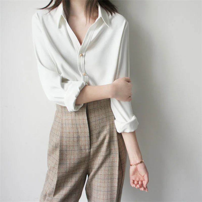 

MRMT 2024 Brand New Women's Small V Neck White Shirt Long-Sleeved Retro Metal Buckle Design Sense Of Drape Outside Wear