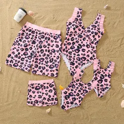 Family Swimwear Mommy Dad and Me Matching Swimsuit Pink Leopard Mother Daughter Bath Suit Father Son Swim Beach Clothes Outfits