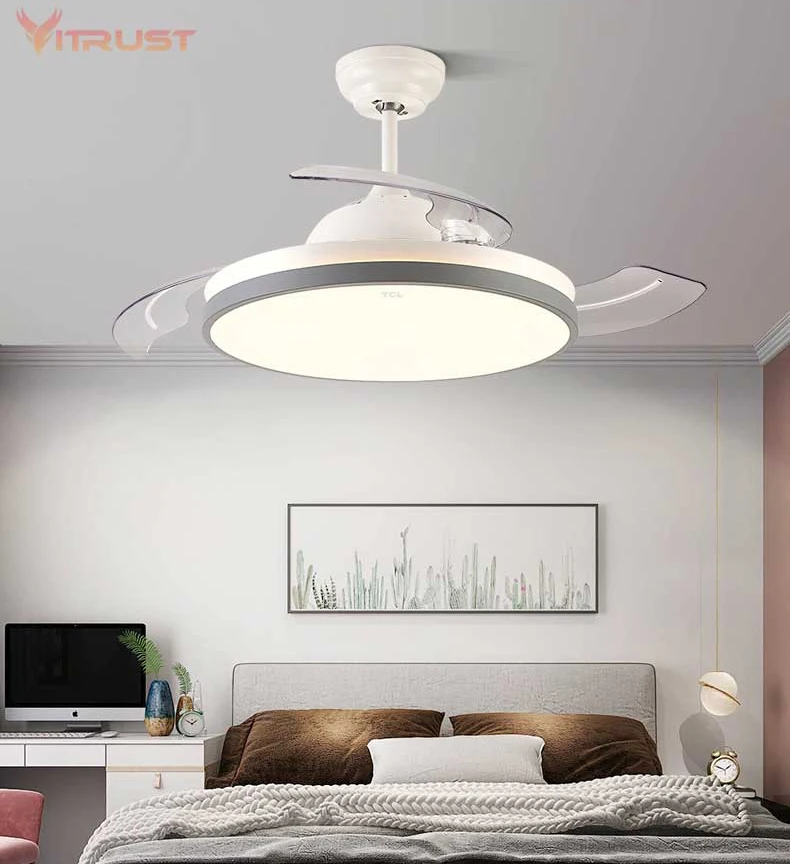 Invisible Ceiling Fans with Lights and Remote Control 3 Light Colors Changing Retractable Blades Crystal Chandelier Ceiling Fan