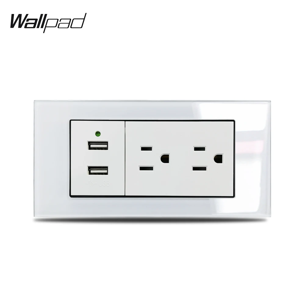 

153*75mm Double US Socket and USB Socket Wallpad L3 White Crystal Glass Panel 16A 2 AU USB Power Socket 110V-250V Best Seller