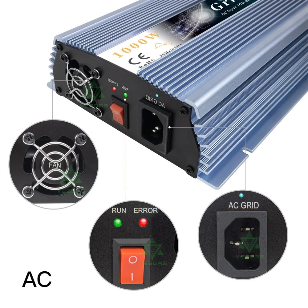 MPPT 1000W Home On Grid Tie Inverter Solar Inverter 18V 24V 36V Pure Sine Wave 110V 220V AC For 36 60 72 Cells Solar Panel