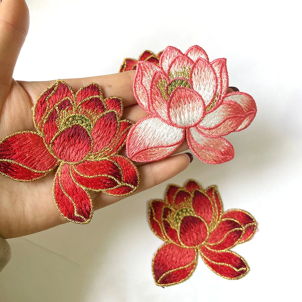 High Quality Lotus Flower Applique Embroidery Cloth Patch Sew on flower Patch DIY Accessories for Dress Classical Costume