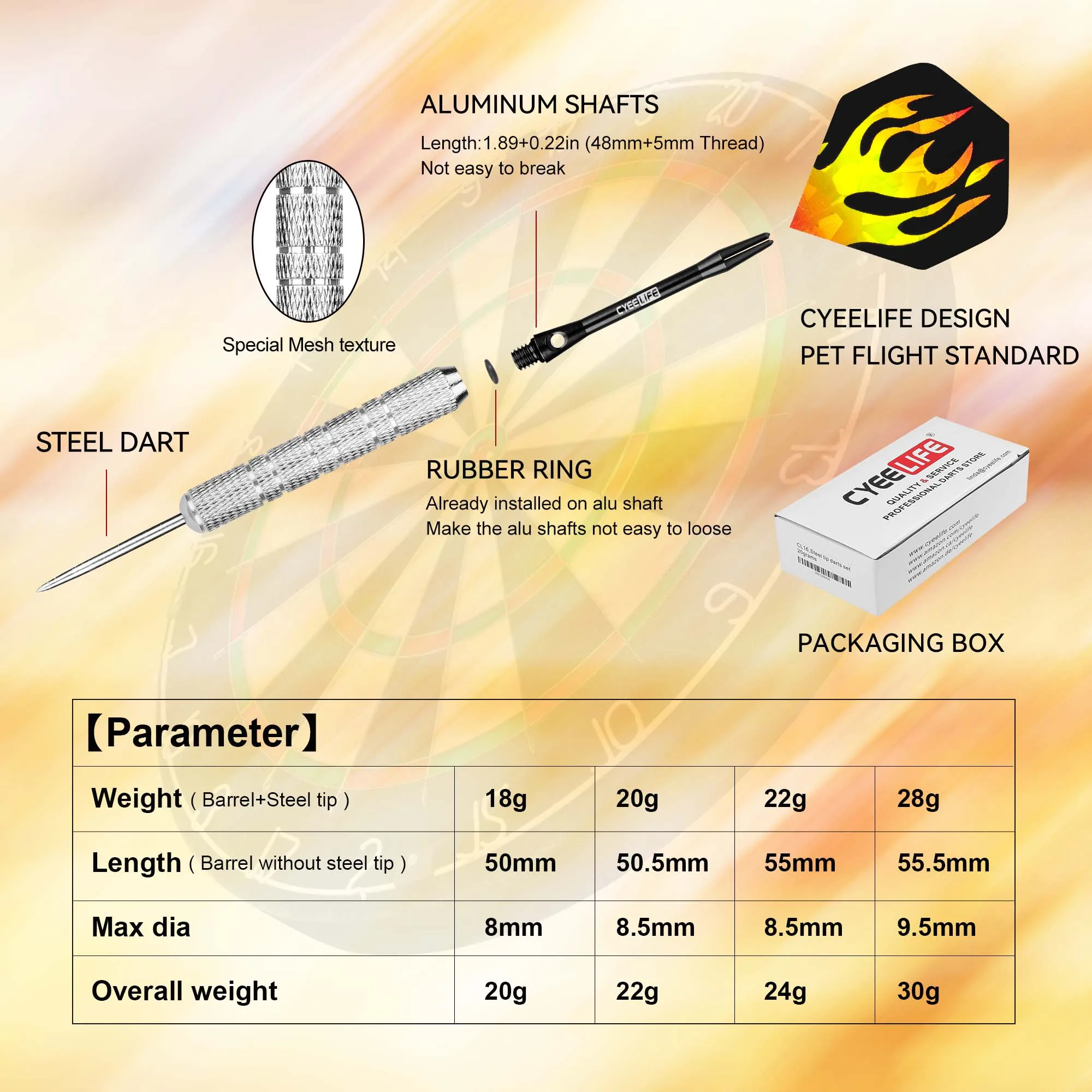 CyeeLife 12PCS Steel Darts18/20/22/28g Pet tail, aluminum rod, 1 tool ,2pcs tail protector, grindstone