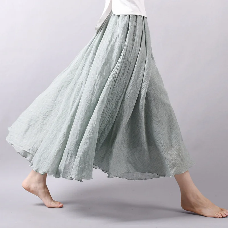 Women\'s Elegant High Waist Linen Maxi Skirt 2022 Summer Ladies Casual Elastic Waist 2 Layers Skirts saia feminina