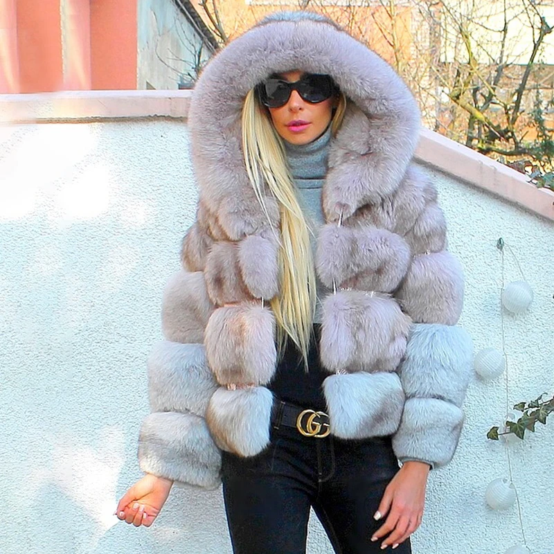 BFFUR Short Real Fox Fur Coats With Hood New Fashion Women Whole Skin Genuine Fox Fur Jacket Winter Fashion Fur Overcoats