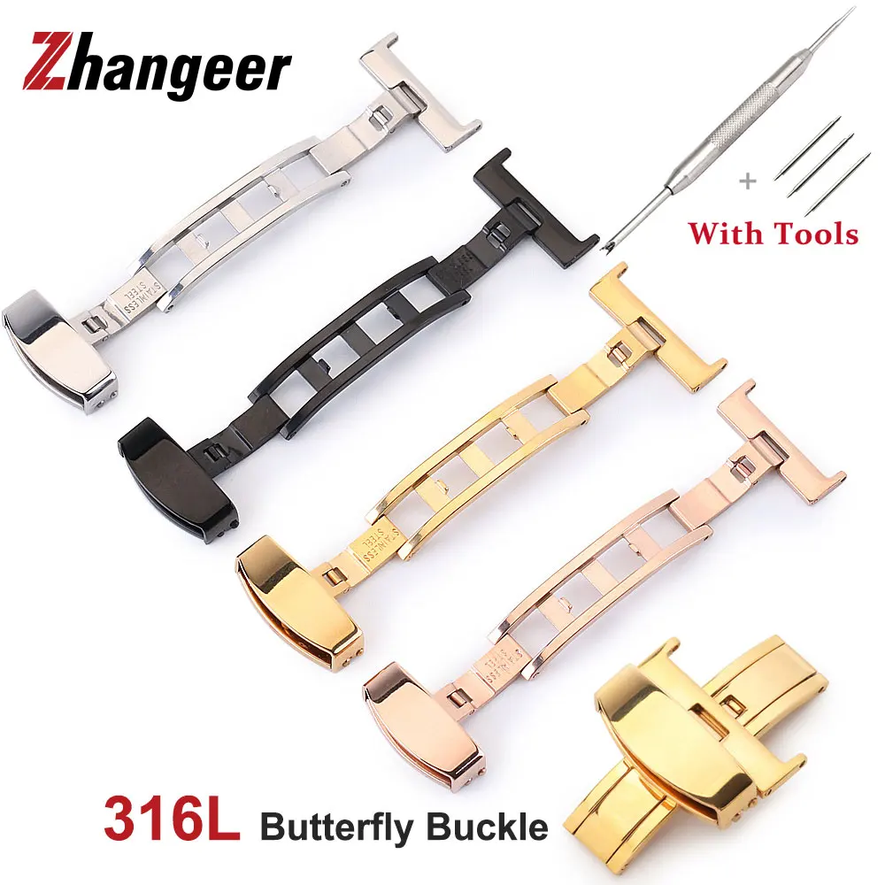 14mm 16mm 18mm 20mm 22mm 316L Stainless Steel Solid Double Folding Butterfly Watch Buckle Clasp Replacement for Leather Strap