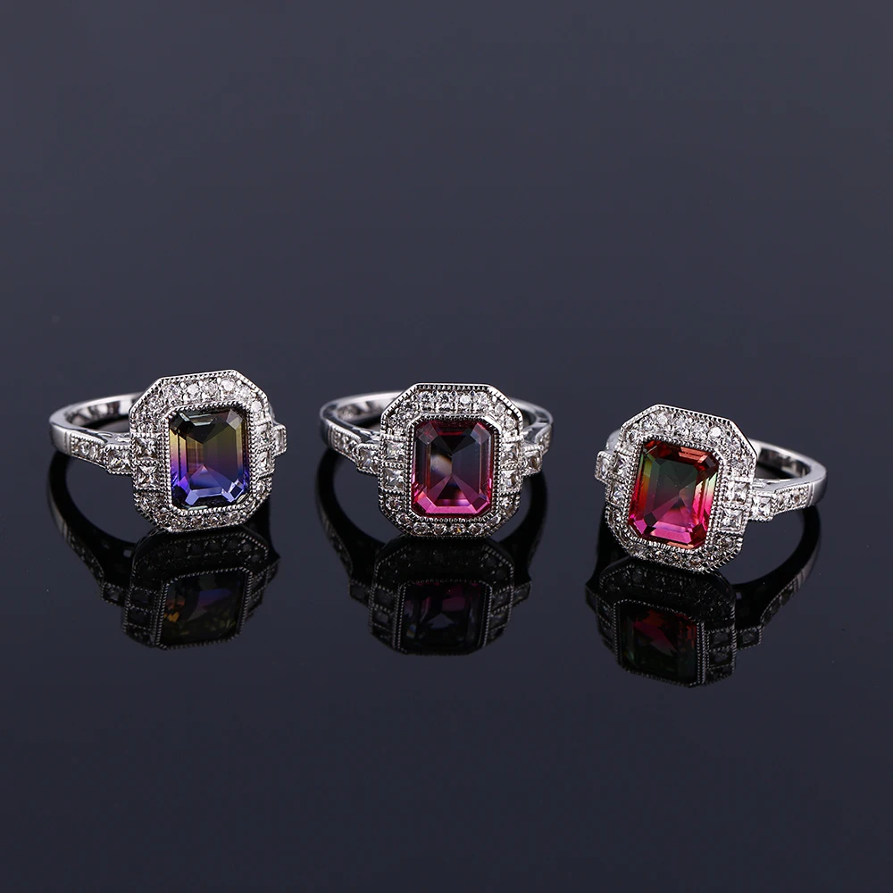 FCGJHW New Listing Fashion Jewelry Ring Rectangular 7*9MM Color Tourmaline Ring Female Engagement Wedding Party Anniversary