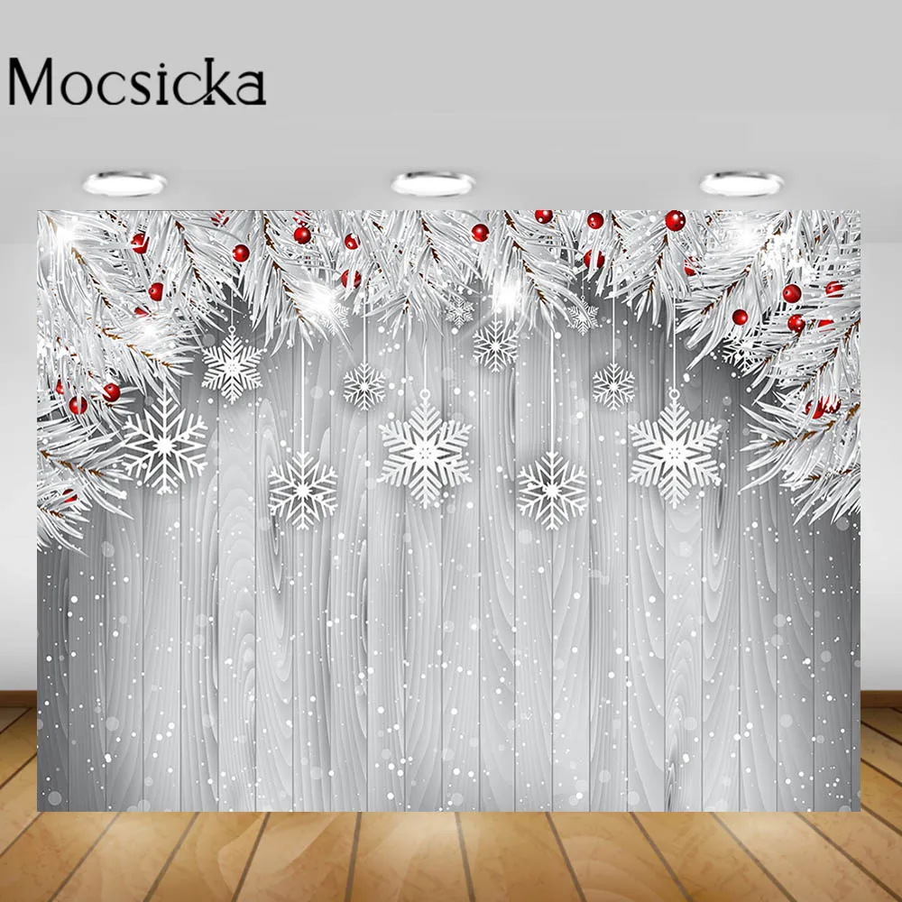 

Mocsicka Grey Wood Backdrop for Photography Winter Silver Snowflake Leaves Photo Background for Photo Studio Photoshoot Props