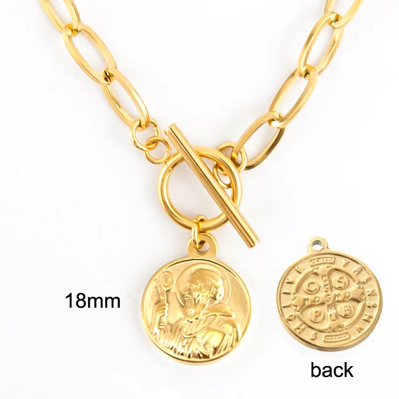 Medalla de la Virgen María de San Benito para mujer, collar con colgante de palanca, joyería de acero inoxidable, regalo