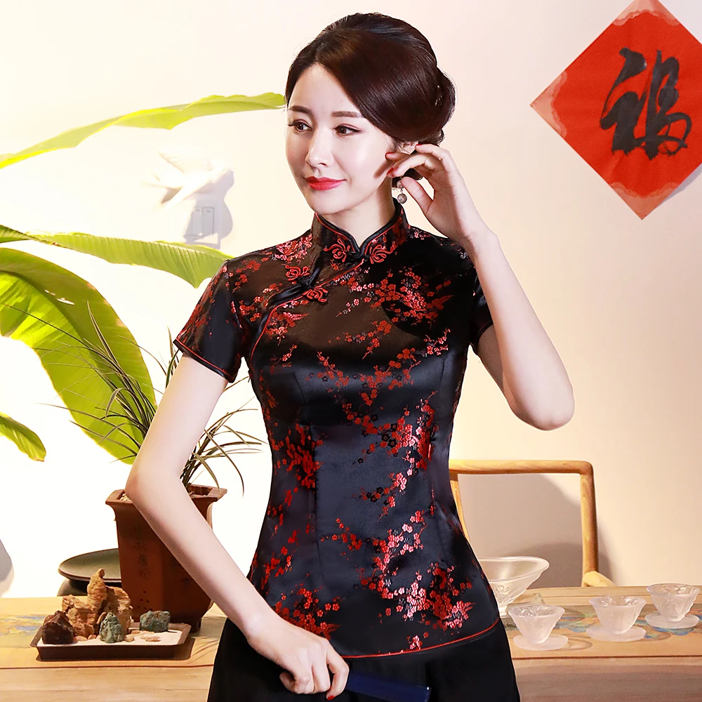 

Floral brocade Satin Blouse Chinese Traditional Women Shirts 2021 NEW Casual Short Sleeve Shirt Tops Mandarin button Clothing