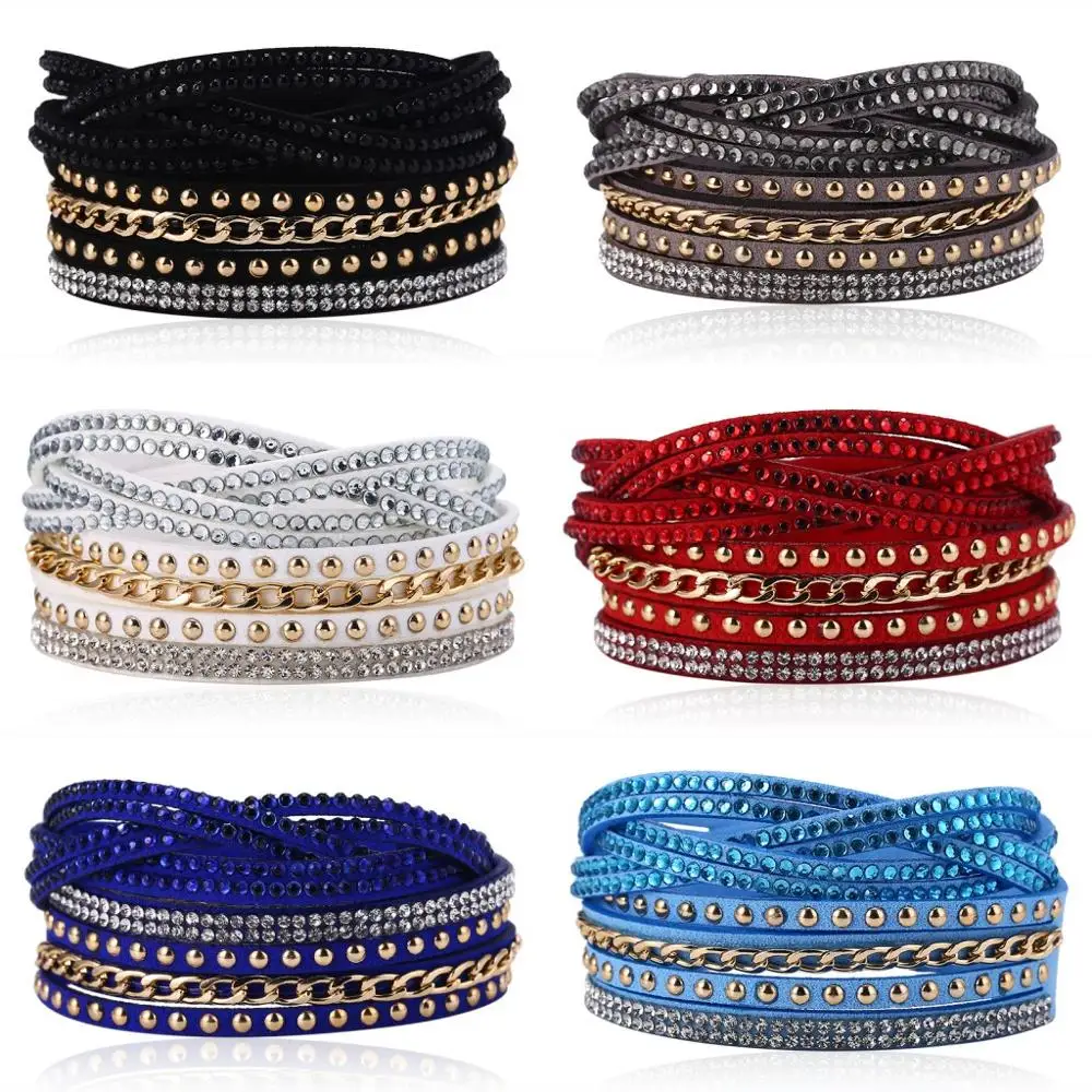 Shiny Women Unisex 12 Layers Multilayer Leather Rhinestone Crystal Bracelet Buttons White/Black /Blue Bracelets 17 colors