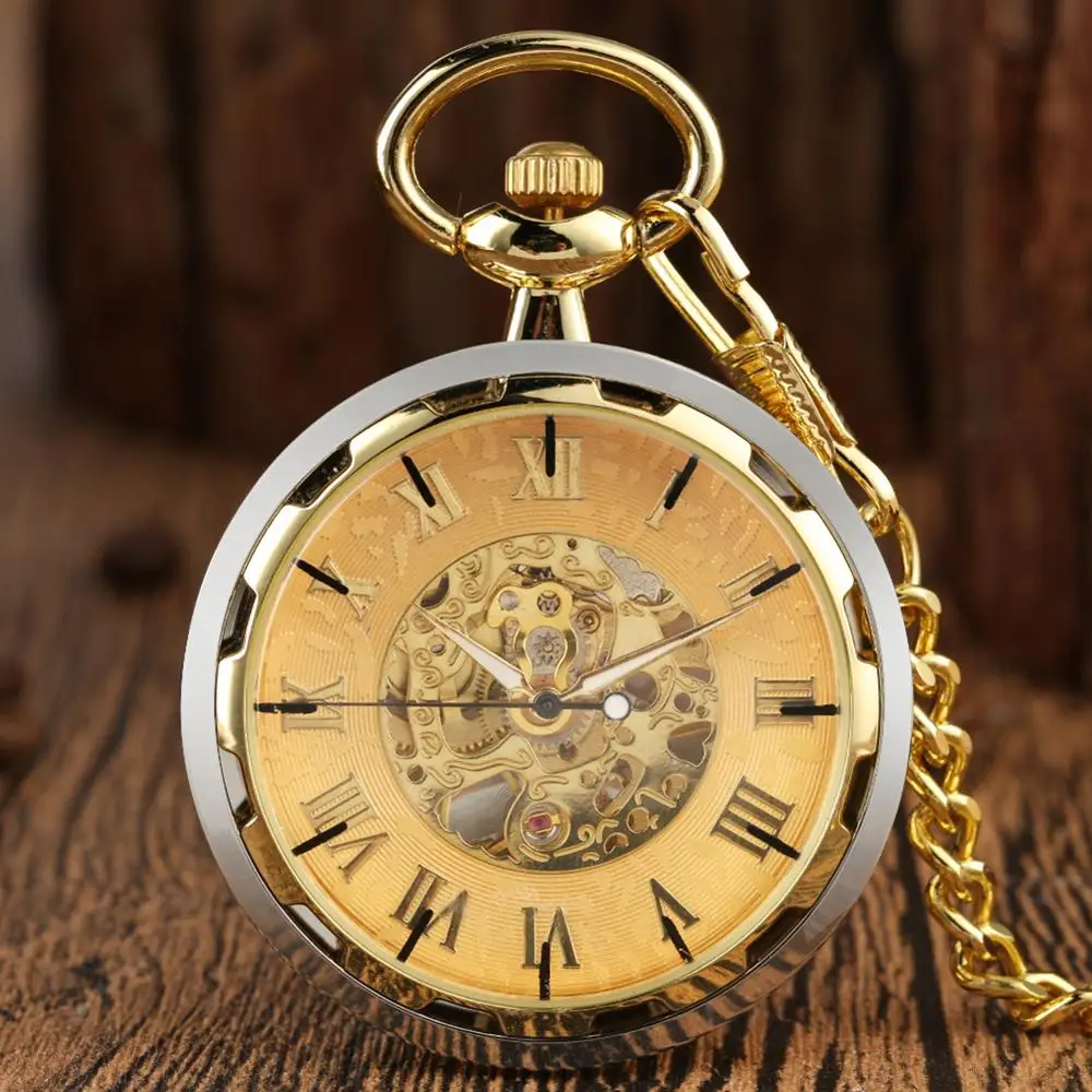 Simple Luxury Open Face Mechanical Pocket Watch Steampunk Hand-Winding Pocket Chain Vintage Antique Pendant Clock Souvenir Gifts