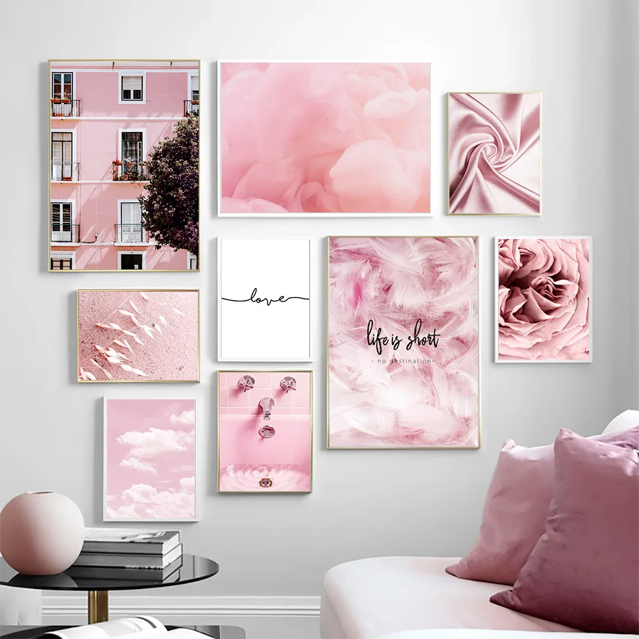 Pink Bathtub Sky Feather Rose Quote HD Wall Art Canvas Painting Nordic Posters And Prints Wall Pictures For Living Room Decor