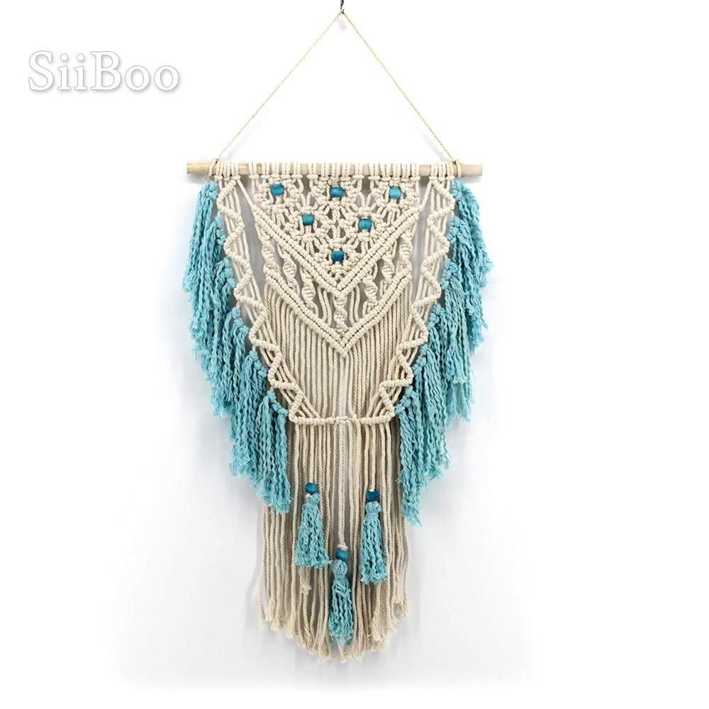 Home decor blue beige bohemian wall hanging tapestry cotton hand weaving hollow out tassel tapisserie murale tapiz pared SP5617