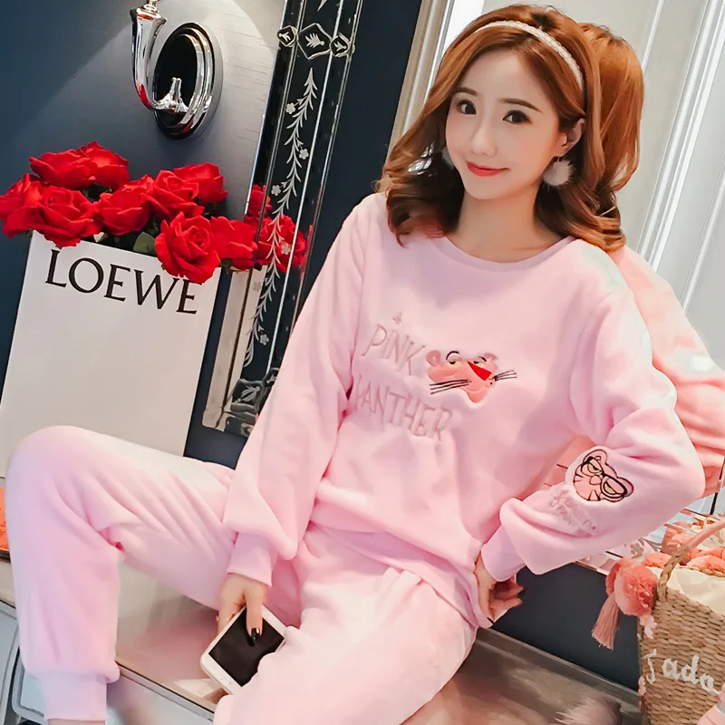 Autumn and winter thick warm flannel pajamas women's long sleeves cute cartoon ladies home service suit a variety of styles